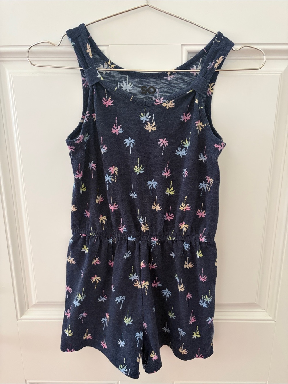 SO Navy Palm-Print Sleeveless Romper
